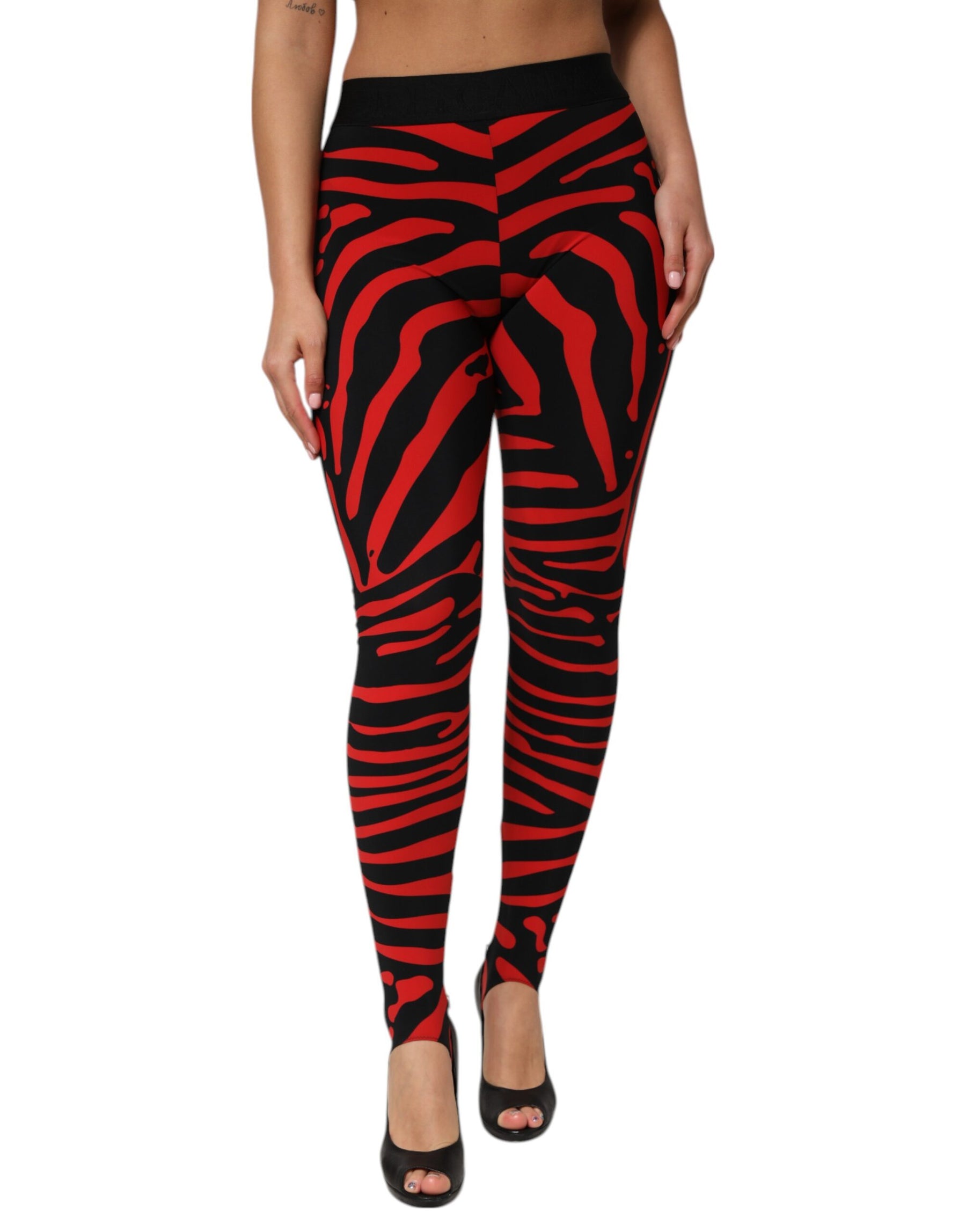 Dolce & Gabbana Schwarzes rotes Nylon Logo Taillierte Leggings Hose