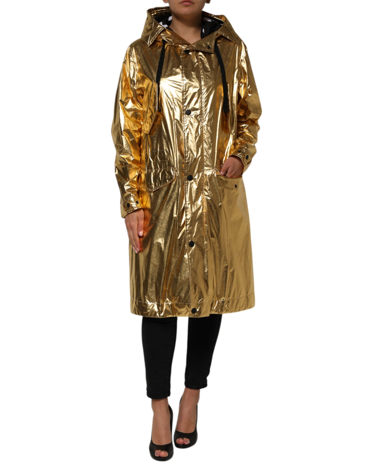 Dolce & Gabbana Goldfarbener Kapuzenmantel mit langen Ärmeln Trenchcoat Jacke