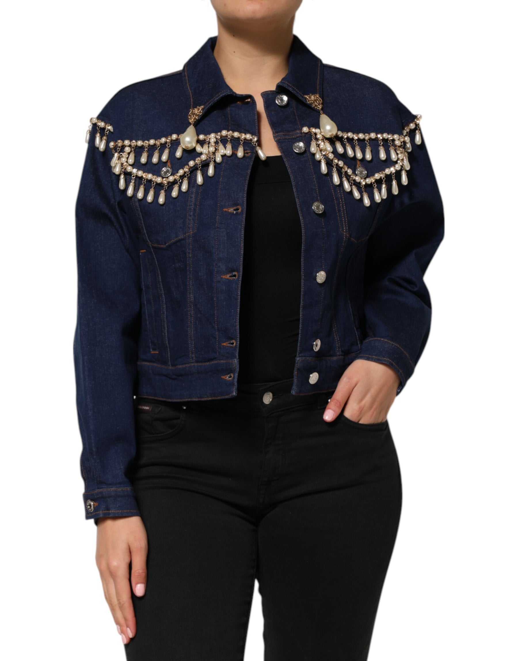 Dolce & Gabbana Blaue Baumwoll-Denim-Jacke mit Kristallverzierung