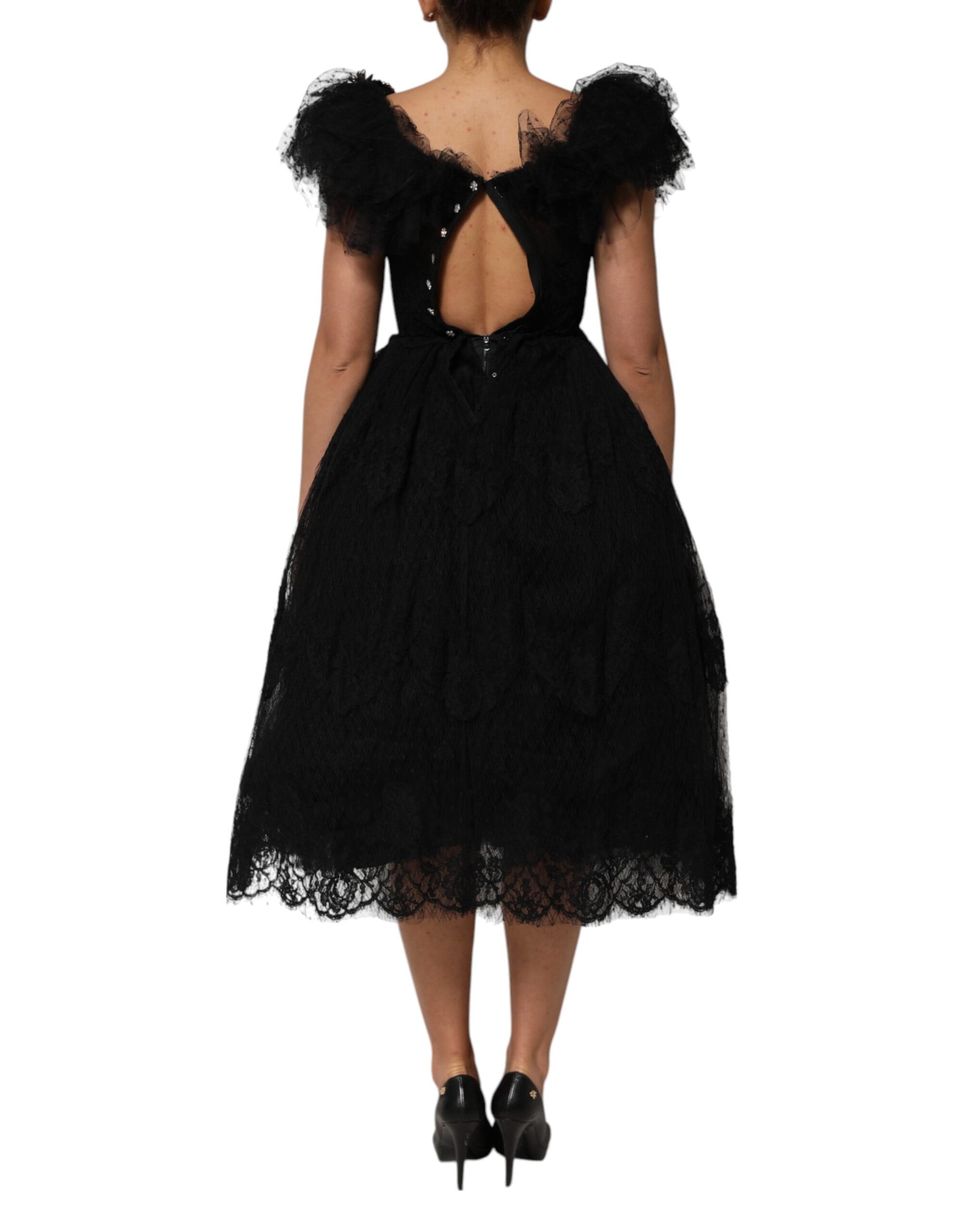 Dolce & Gabbana Schwarzes kristallverziertes Midi Kleid in A-Linie