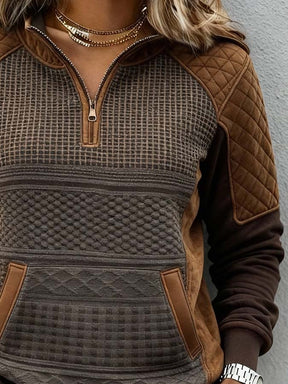 Damen Winter Half-Zip Pullover Braun Patchwork Kuschelig Warm