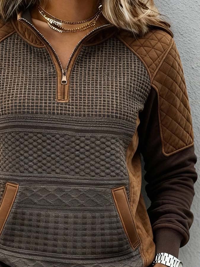 Damen Winter Half-Zip Pullover Braun Patchwork Kuschelig Warm