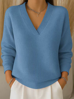 Winter Damen V-Neck Waffelstrick Pullover hellblau kuschelig warm