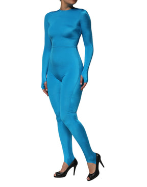 Dolce & Gabbana Blauer Nylon Rundhalsausschnitt Bodycon Jumpsuit Kleid
