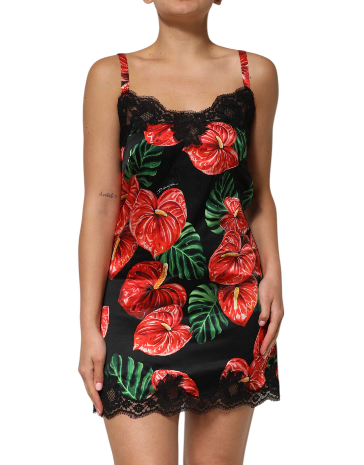 Dolce & Gabbana Schwarzes geblümtes Chemise-Dessous-Kleid mit Spitzenbesatz