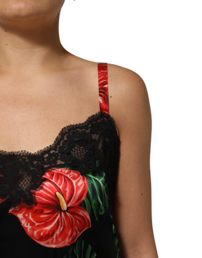 Dolce & Gabbana Schwarzes geblümtes Chemise-Dessous-Kleid mit Spitzenbesatz