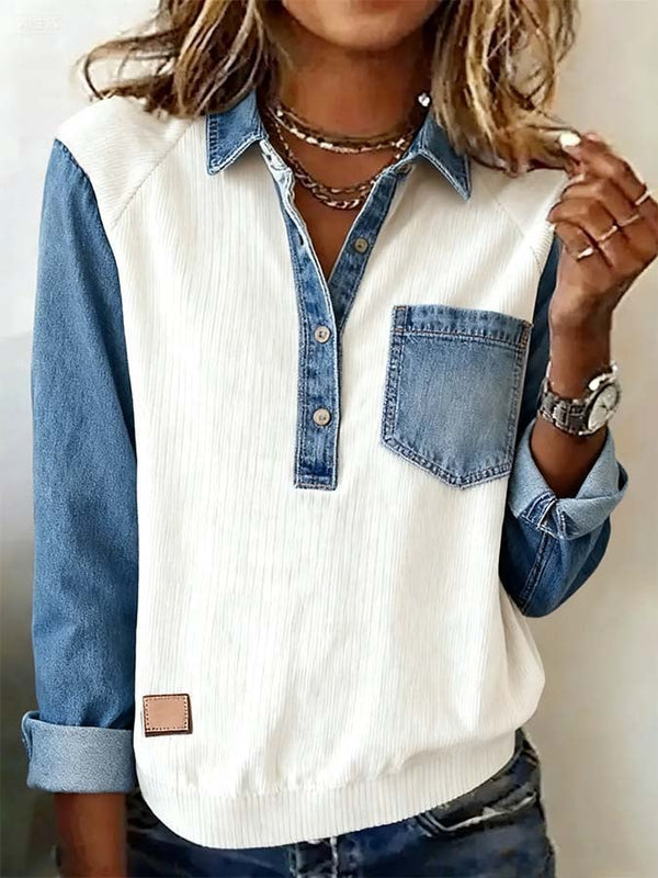 Winter Denim Patchwork Longsleeve Top – Warm & Casual
