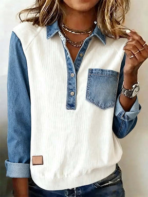 Winter Denim Patchwork Longsleeve Top – Warm & Casual