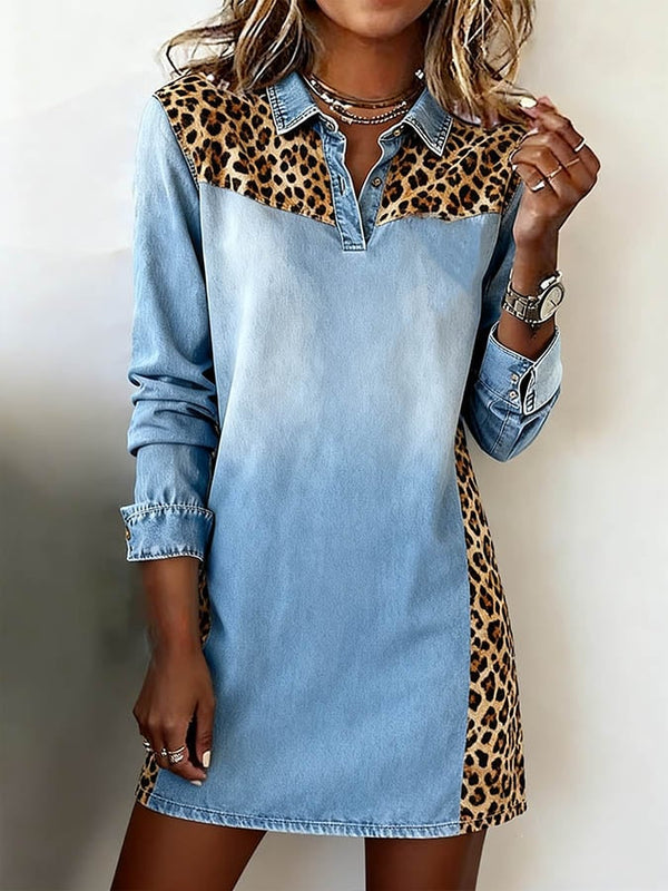 Winter Denim Patchwork Kleid mit Leo-Print und langen Ärmeln