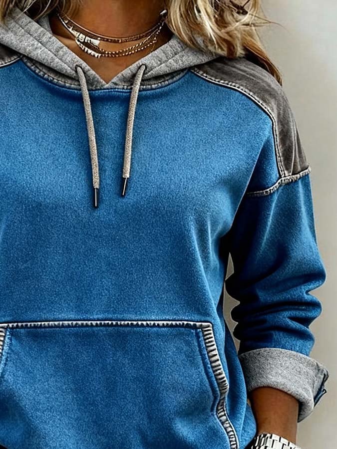 Winter Damen Hoodie Color Block warm kuschelig Jeansblau