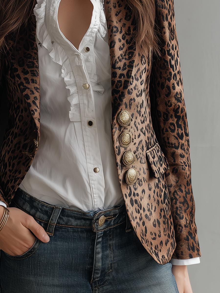 Herbstlicher Wild Leopard Print Langarm-Blazer für elegante Auftritte