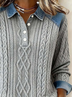 Damen Winter Pullover grau mit Denim Patchwork, warm casual