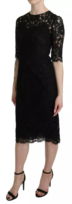 Dolce & Gabbana Schwarzes geblümtes Spitzenmantelkleid in Knielänge