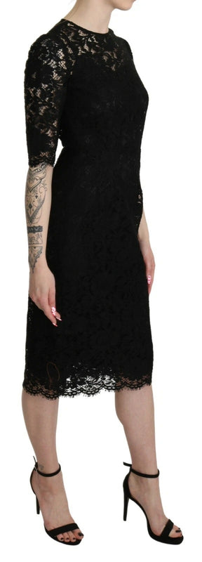 Dolce & Gabbana Schwarzes geblümtes Spitzenmantelkleid in Knielänge