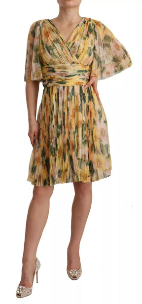 Dolce & Gabbana Gelbes Maxikleid mit Blumendruck und Plissee