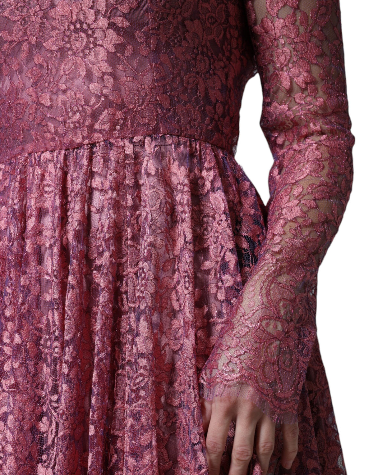 Dolce & Gabbana Rosa geblümtes langärmeliges Midikleid aus Spitze
