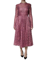 Dolce & Gabbana Rosa geblümtes langärmeliges Midikleid aus Spitze
