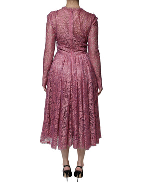 Dolce & Gabbana Rosa geblümtes langärmeliges Midikleid aus Spitze
