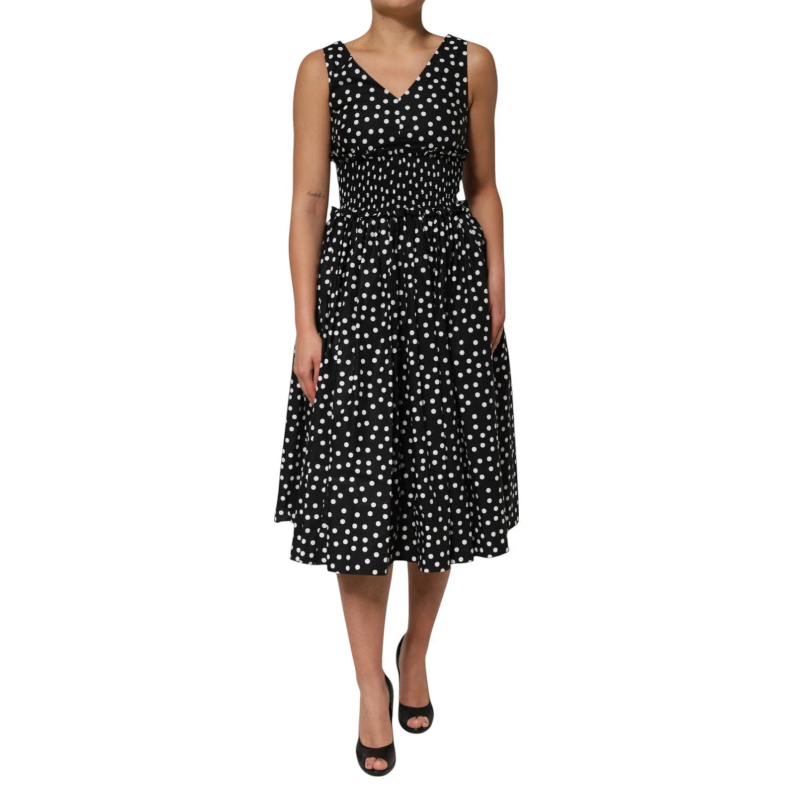 Dolce & Gabbana Schwarz Weiß Baumwolle Polka Dot Print V-Ausschnitt Kleid