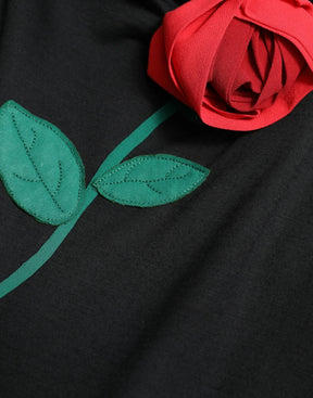 Dolce & Gabbana Schwarzes ärmelloses Kleid mit Rosenapplikationen aus Wolle