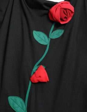 Dolce & Gabbana Schwarzes ärmelloses Kleid mit Rosenapplikationen aus Wolle