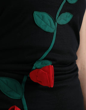 Dolce & Gabbana Schwarzes ärmelloses Kleid mit Rosenapplikationen aus Wolle