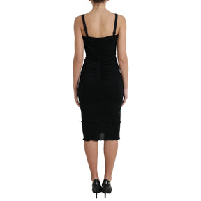 Dolce & Gabbana Schwarzes ärmelloses Kleid mit Rosenapplikationen aus Wolle