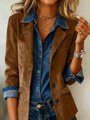Herbst-Eleganz: Brown Plain Suede Blazer mit Cuff Details