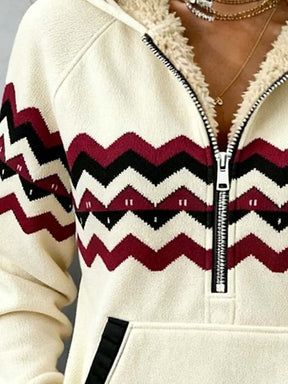 Damen Winter Hoodie mit Teddyfutter Ethno Muster creme