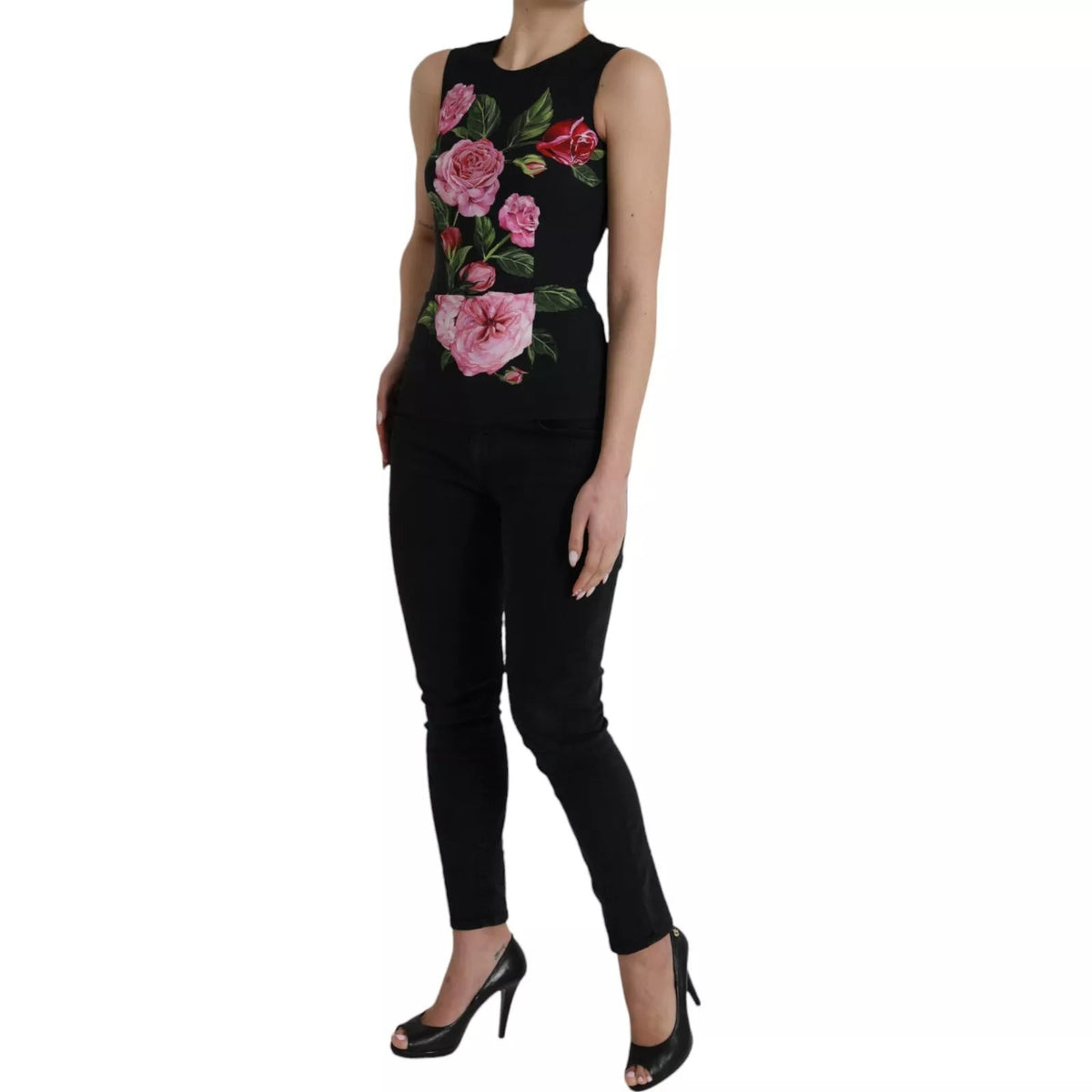 Dolce & Gabbana Schwarzes geblümtes Viskose-Rundhals-Top