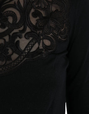 Dolce & Gabbana Schwarzes Seidenblusentop mit Spitzenbesatz und langen Ärmeln