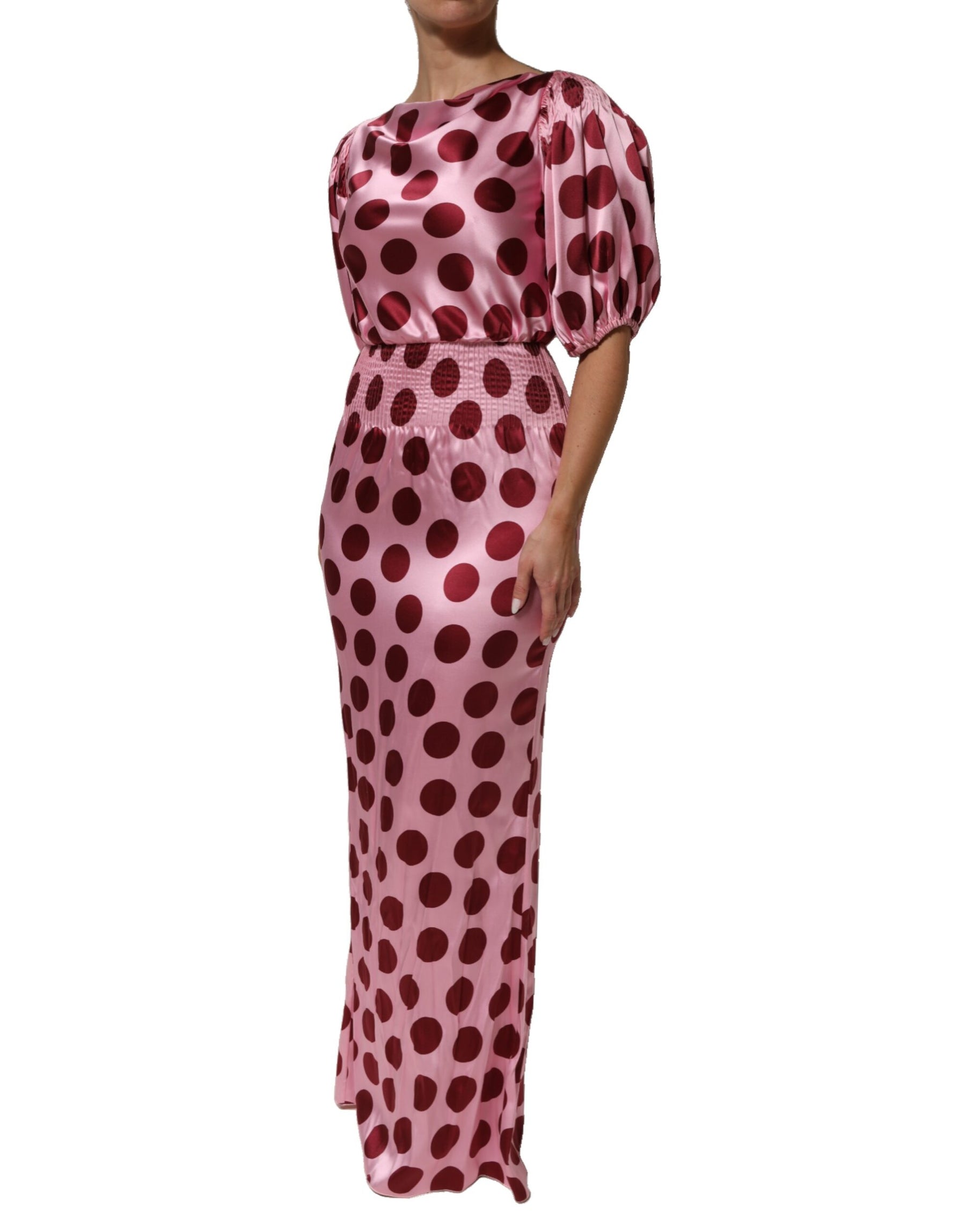 Dolce & Gabbana Rosa-rot gepunktetes Seiden-Satin-Maxi-Kleid