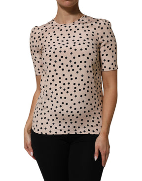 Dolce & Gabbana Beige Schwarz Polka Dot Seide Kurzarm Bluse Top