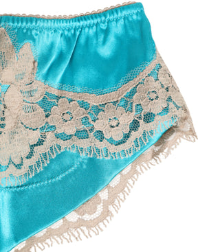 Dolce & Gabbana Blauer Seidensatin mit Spitzenbesatz Neuer Slip Unterwäsche