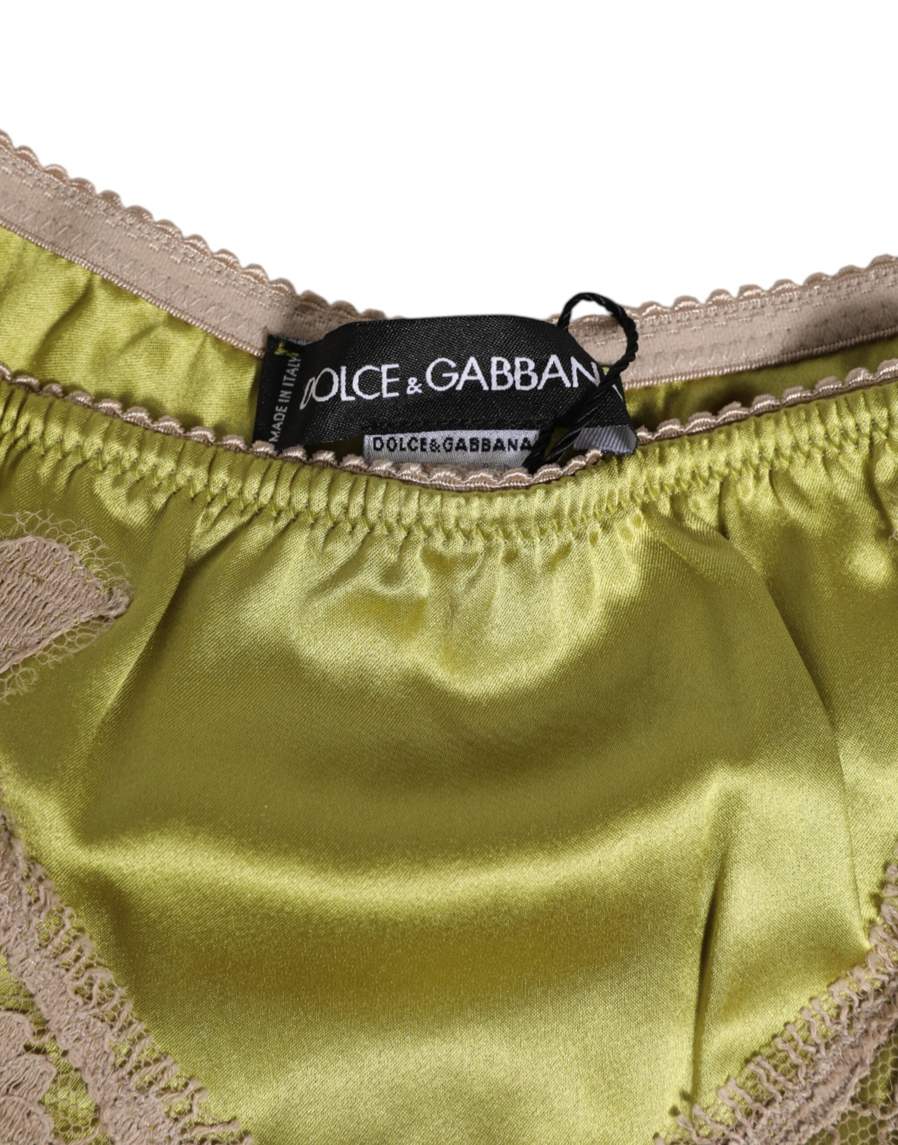Dolce & Gabbana Grüner Seidensatin mit Spitzenbesatz Neuer Slip Unterwäsche