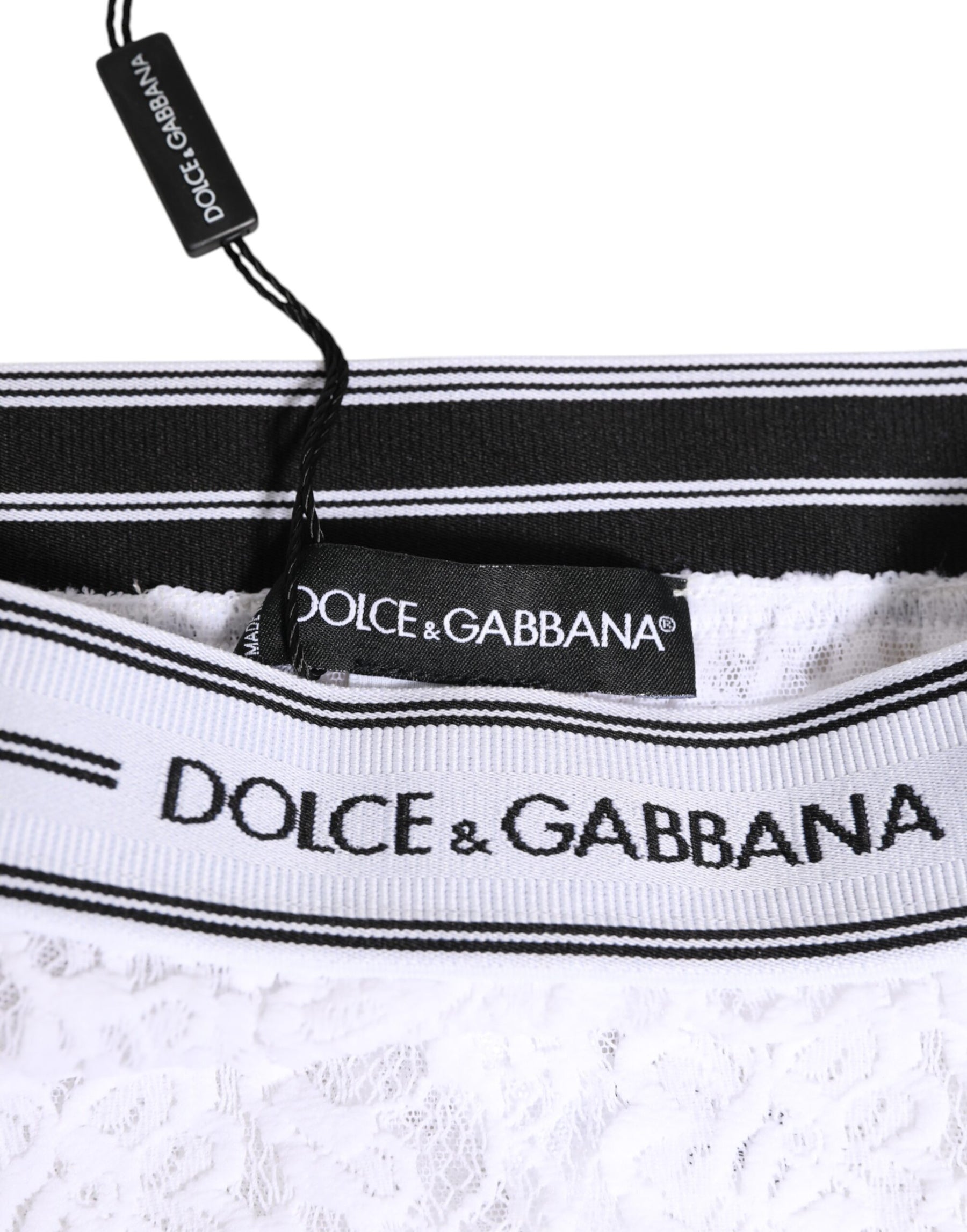 Dolce & Gabbana Weißer Spitzen-Slip-Slip mit Logo-Bund Unterwäsche