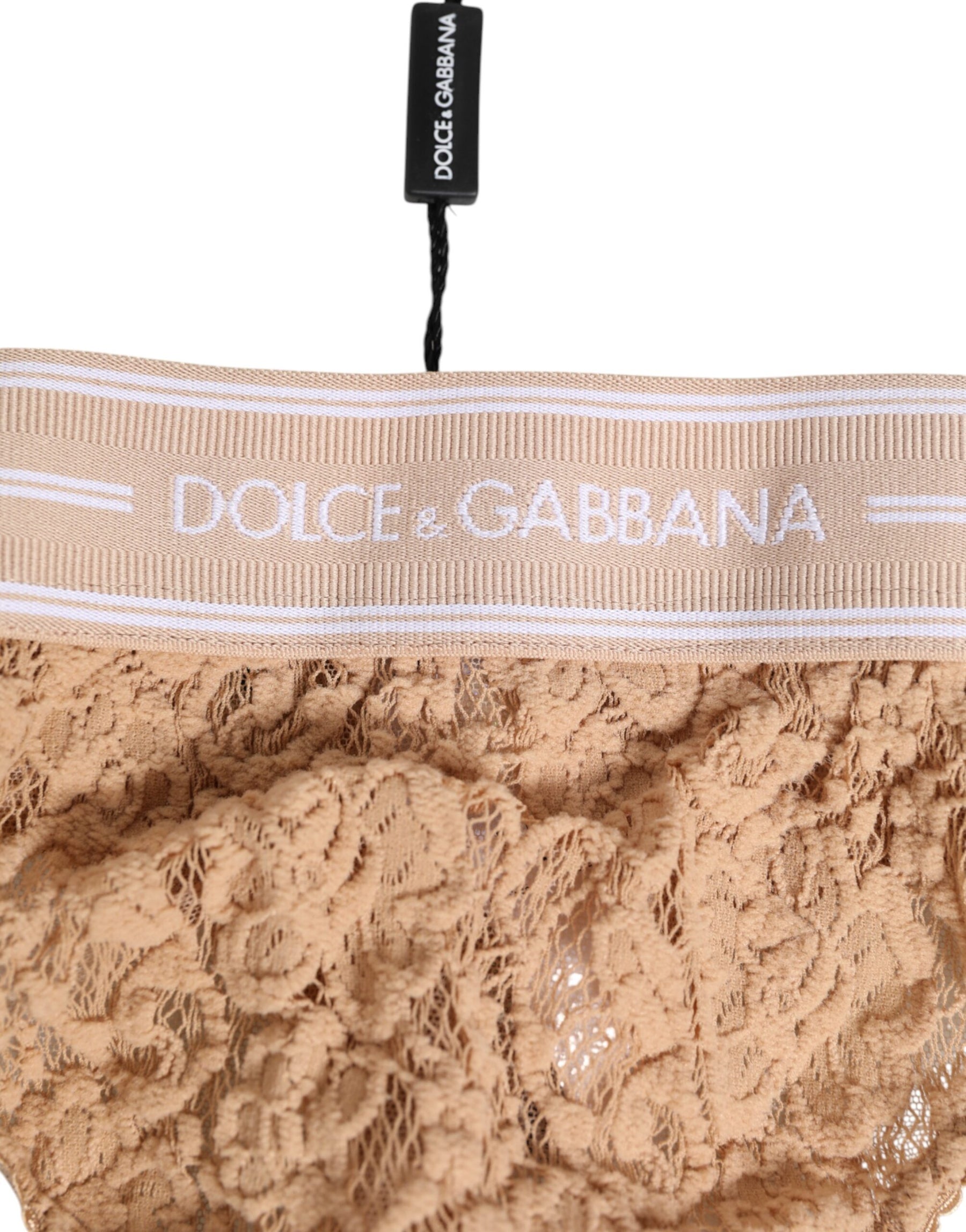 Dolce & Gabbana Beige Spitze Logo Elastische Taille Tanga Unterwäsche