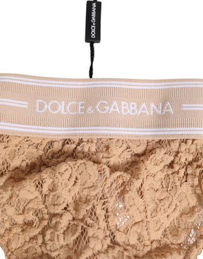 Dolce & Gabbana Beige Spitze Logo Elastische Taille Tanga Unterwäsche
