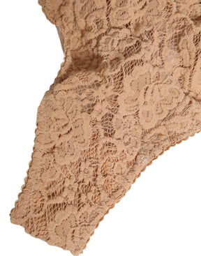 Dolce & Gabbana Beige Spitze Logo Elastische Taille Tanga Unterwäsche