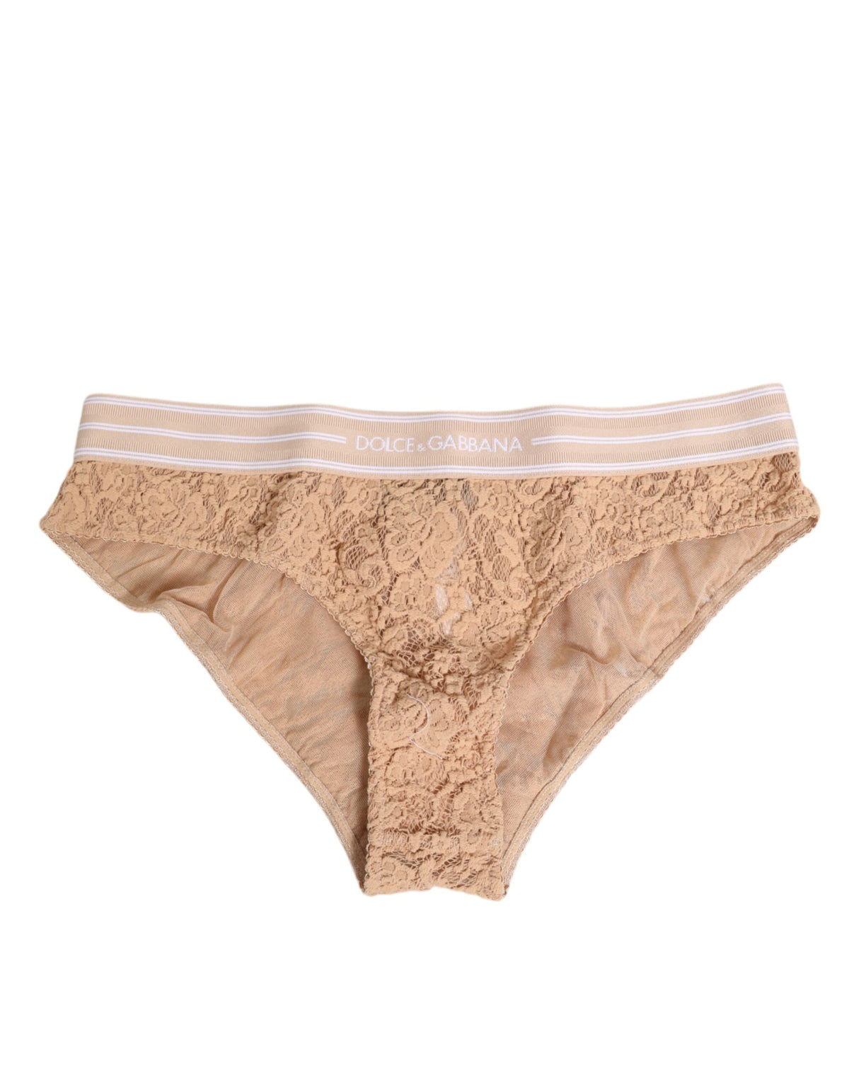 Dolce & Gabbana Beige Spitze Brasiliano Slip Logo-Bund Unterwäsche