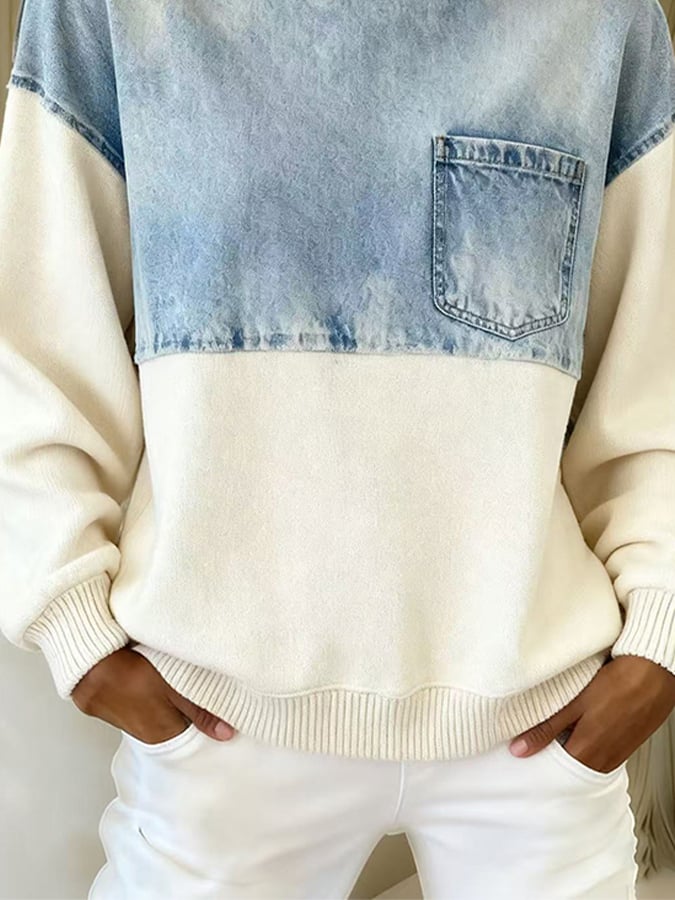 Winter Sweatshirt Creme mit Denim Colorblock warm & cozy