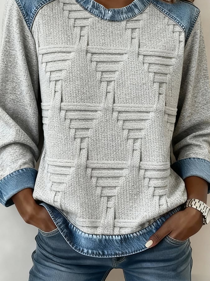 Winter Sweatshirt Damen grau mit Denim-Patchwork, warm