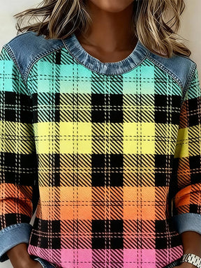 Bunter Winter Pullover Damen mit Karomuster und Denim Patchwork