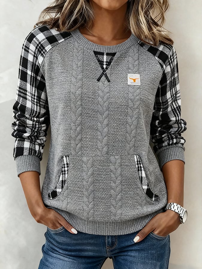 Damen Winter Sweatshirt grau kariert warm casual loose