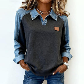 Herbst-Style: Color Block Denim Long Sleeve Top - Must-Have für farbenfrohe Herbstoutfits