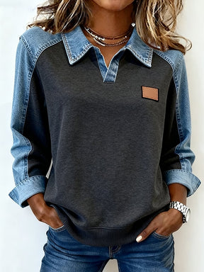 Winter Color Block Denim Longsleeve Top warm & stylisch