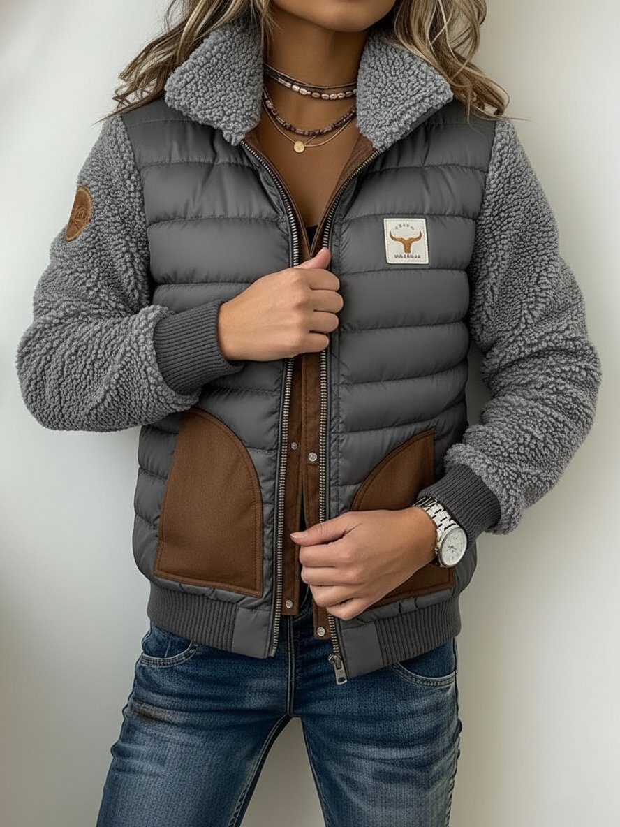 Damen Winter Steppjacke mit Teddyfleeceärmeln Grau Braun