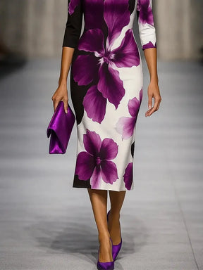 Floral Print Midi-Kleid mit Langarm - Eleganter Herbstsstil für jede Figur