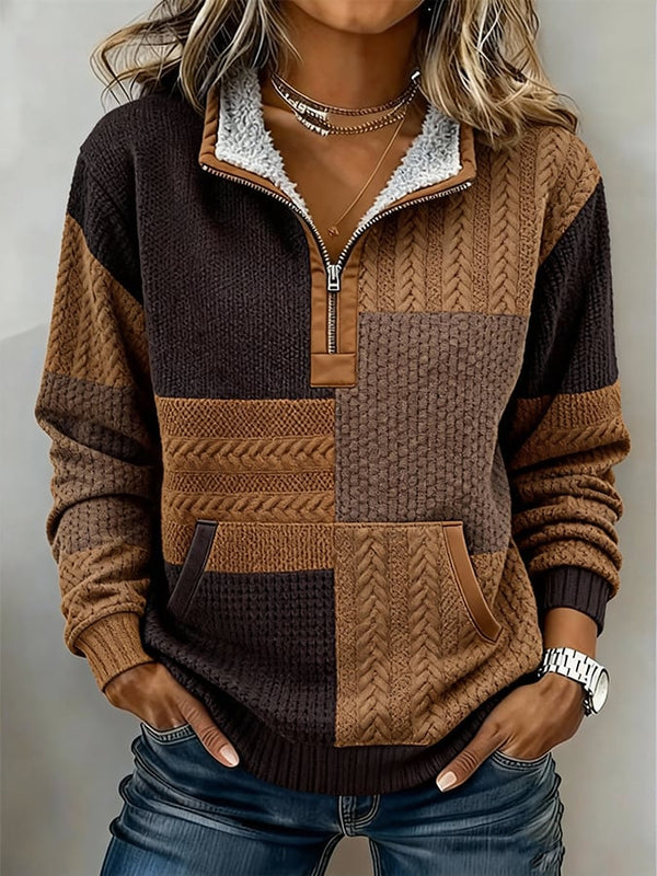 Kuscheliger Sherpa Half-Zip Pullover Winter Patchwork Braun