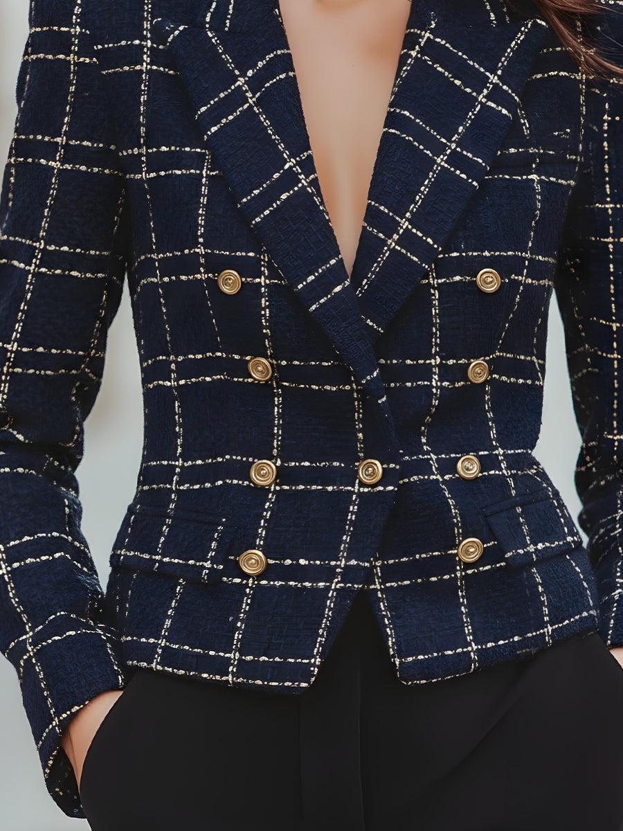 Navy Karierte Doppelreiher-Blazer: Stilvoller Herbstzauber für kühle Tage